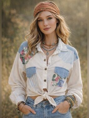 Vintage Patchwork Cropped Button Front Shirt White Cotton USA Made Medium